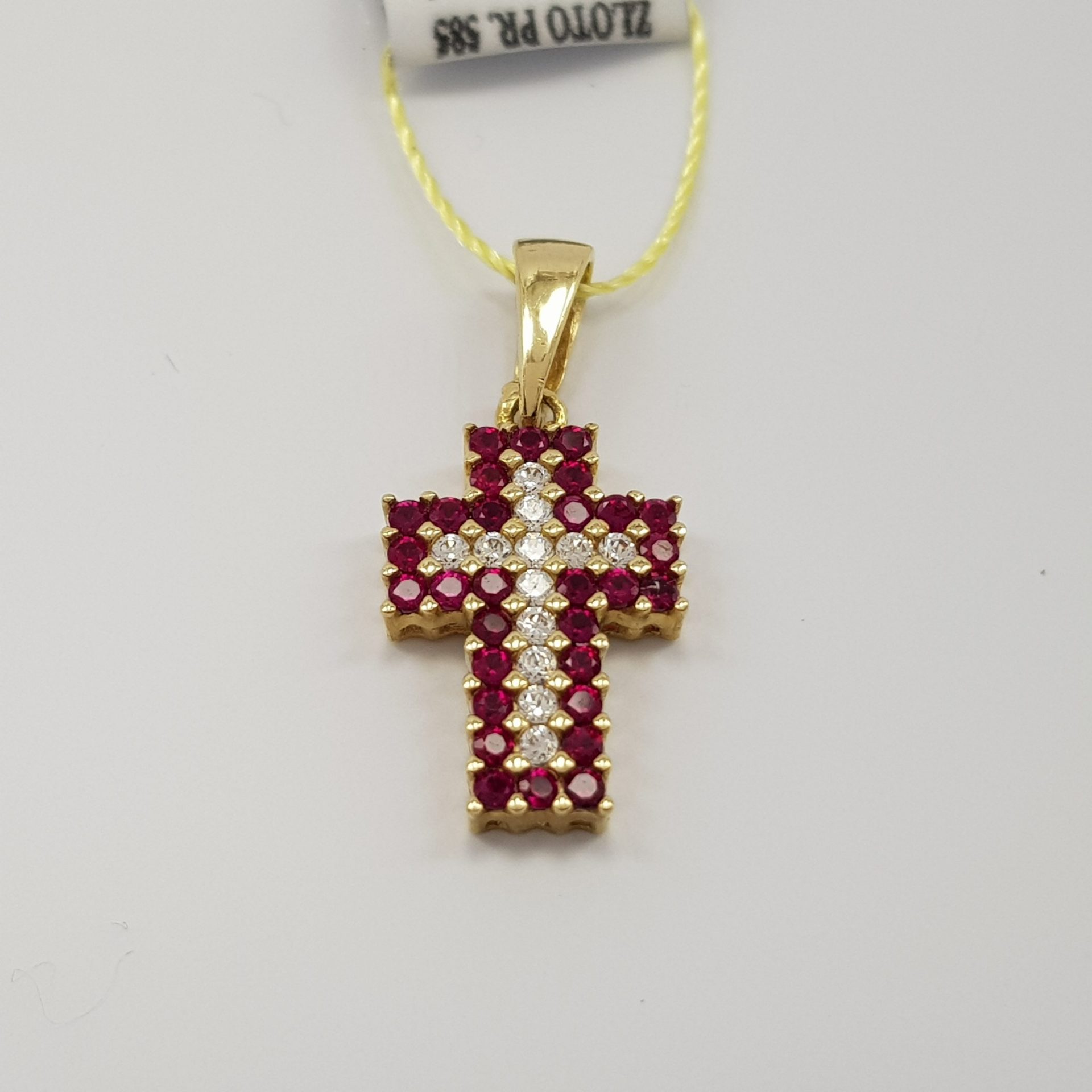Krzyżyk złoty z rubinami i cyrkoniami