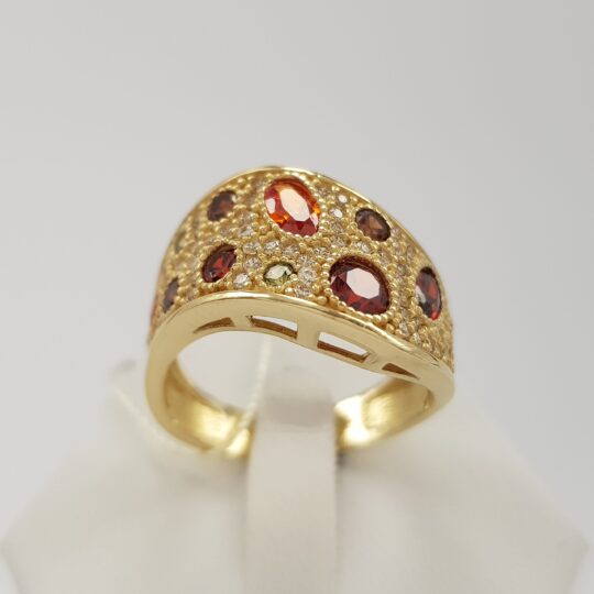 Niepowtarzalny pierścionek złoty z kolorowymi cyrkoniami
