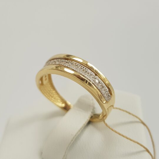 Śliczny, obrączkowy pierścionek złoty z cyrkoniami